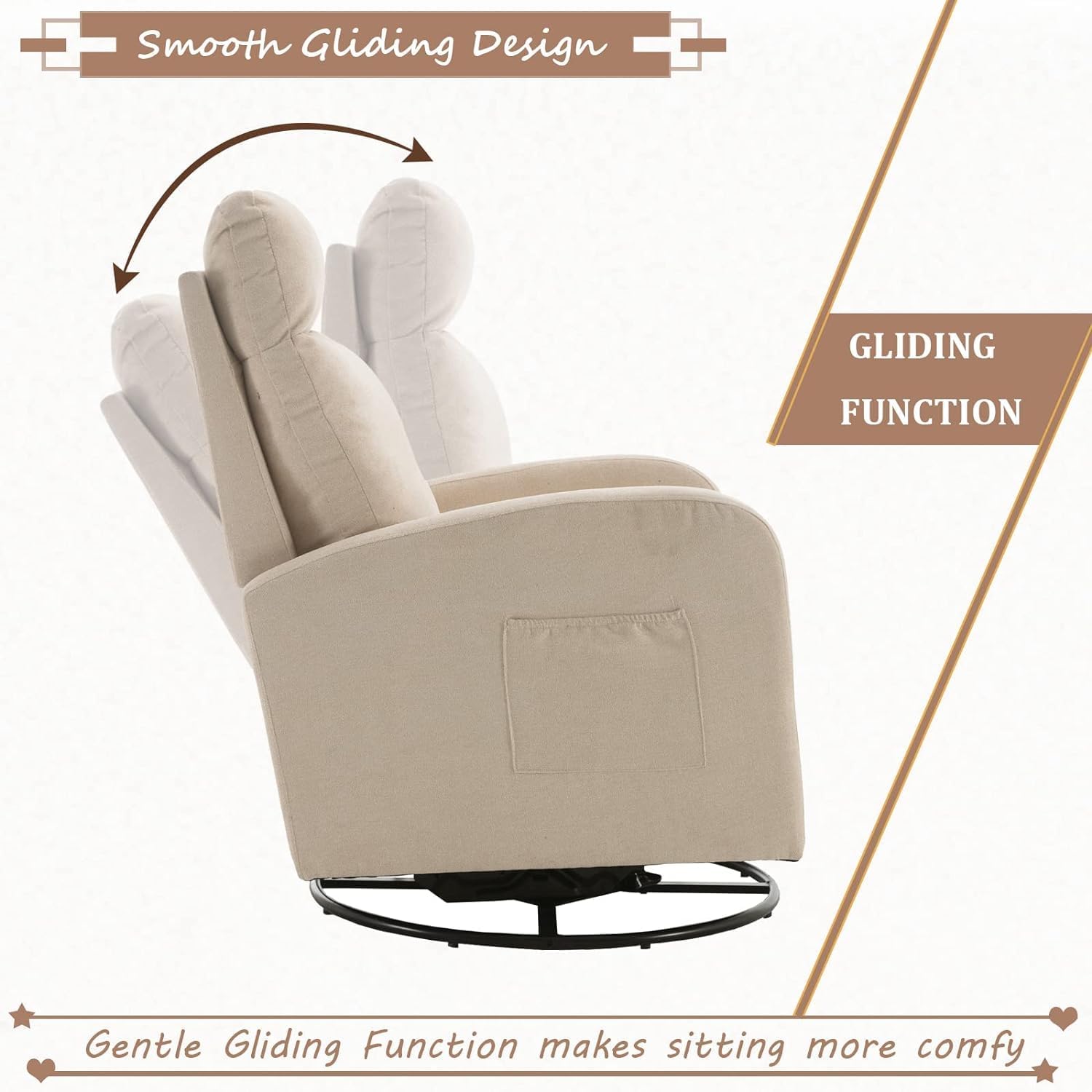 Kurhwyss Silla giratoria para guardería, moderna silla mecedora con respaldo alto y bolsillo de almacenamiento, mecedora tapizada con base de metal