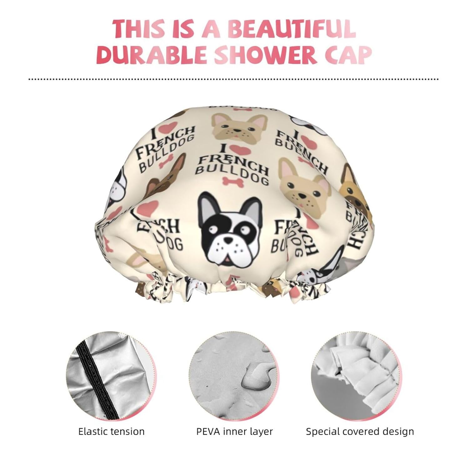 Gorro de ducha de perro francés para mujer, elástico y reutilizable, doble capa impermeable sombrero de baño