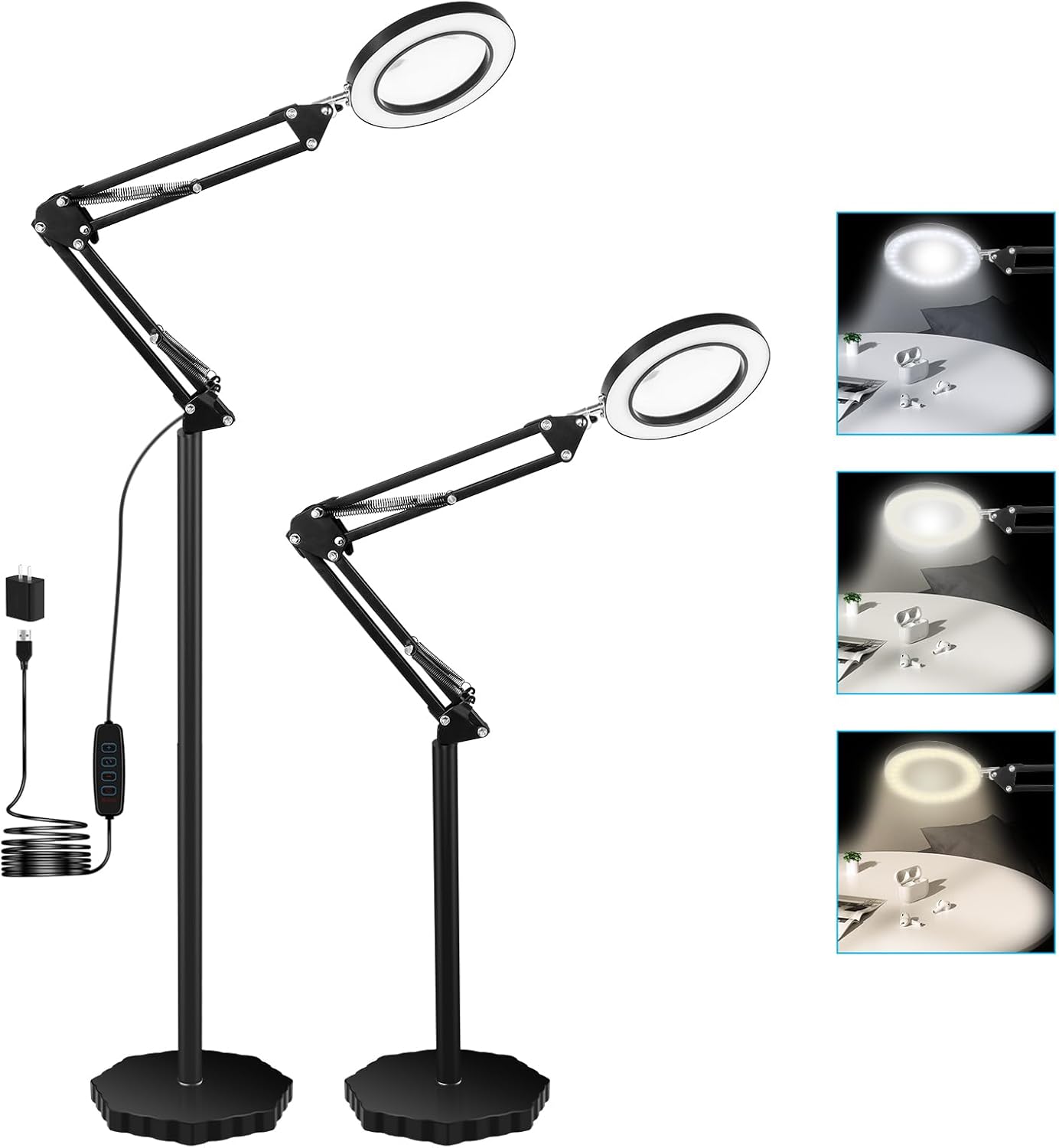 Lupa 8X con luz y soporte, 3 temperaturas de color, lámpara de pie con aumento de brillo ajustable, lupa iluminada con brazo oscilante para lectura,