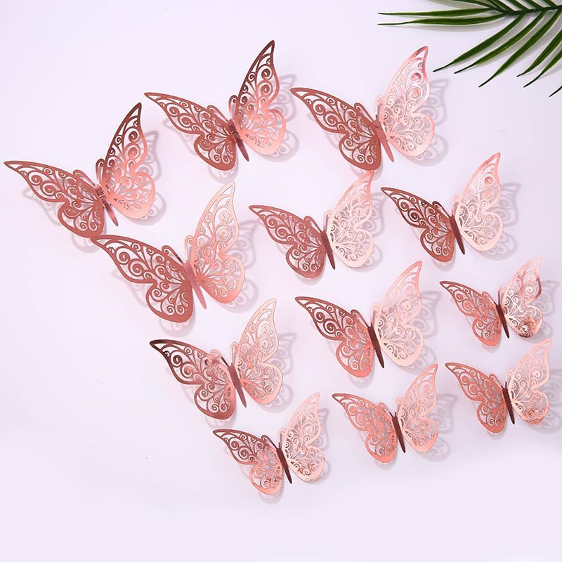 Decoración de pared de mariposa 3D, 72 unidades, 3 tamaños, decoraciones de mariposa de oro rosa para decoraciones de cumpleaños, decoraciones de