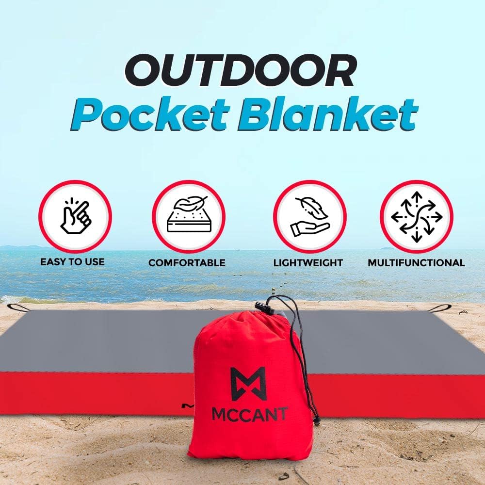MCCANT Manta de bolsillo para playa, 84 x 84 pulgadas, manta de playa de nailon extrasuave sin arena, manta de picnic impermeable con 4 estacas y
