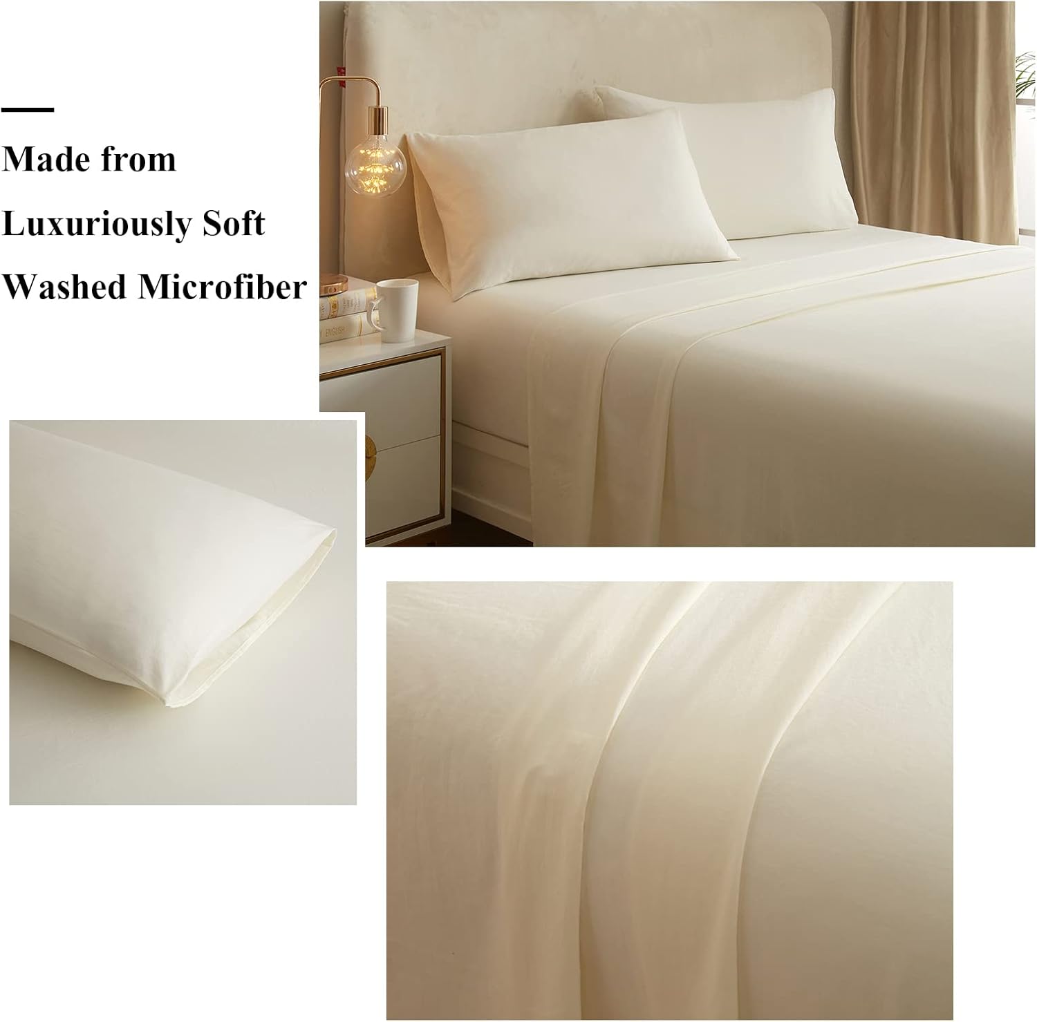 Juego de sábanas refrescantes de 3 piezas de color blanco crema, juego de sábanas y fundas de almohada transpirables, bolsillos profundos de fácil