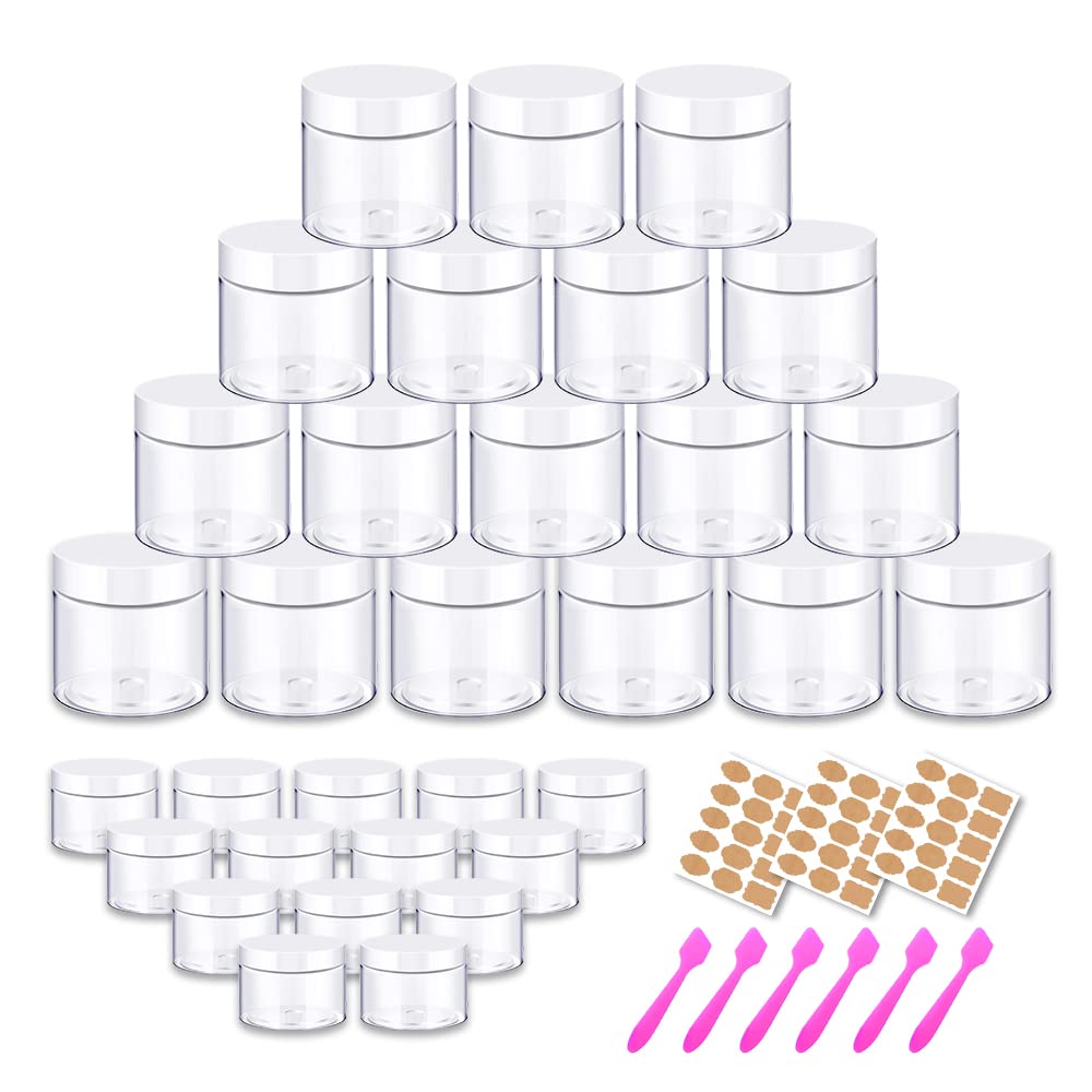 Tarros de plástico redondos de 2 onzas con tapas blancas  Recipientes de muestra pequeños transparentes de 0.71 oz (juego de 48) para crema,