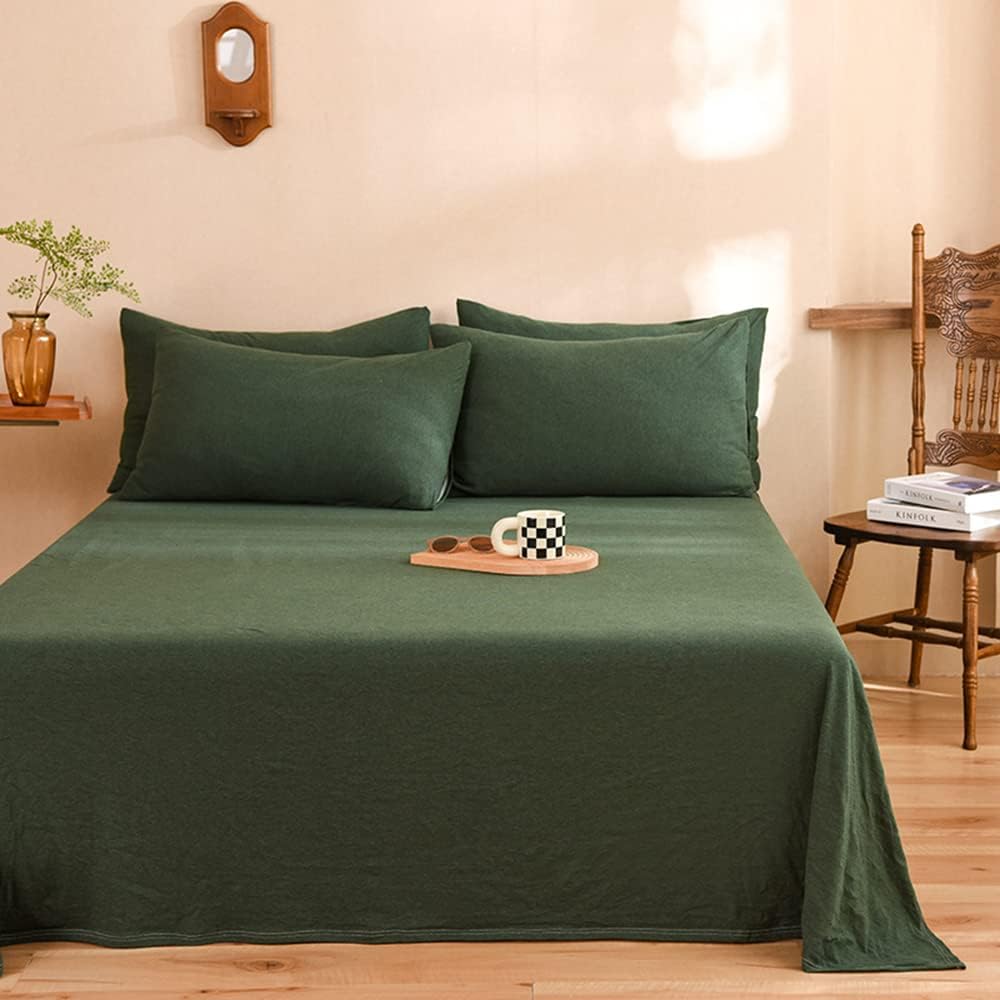 Mengersi Juego de ropa de cama, material de algodón de punto jersey, bolsillos profundos, individual XL, verde bosque