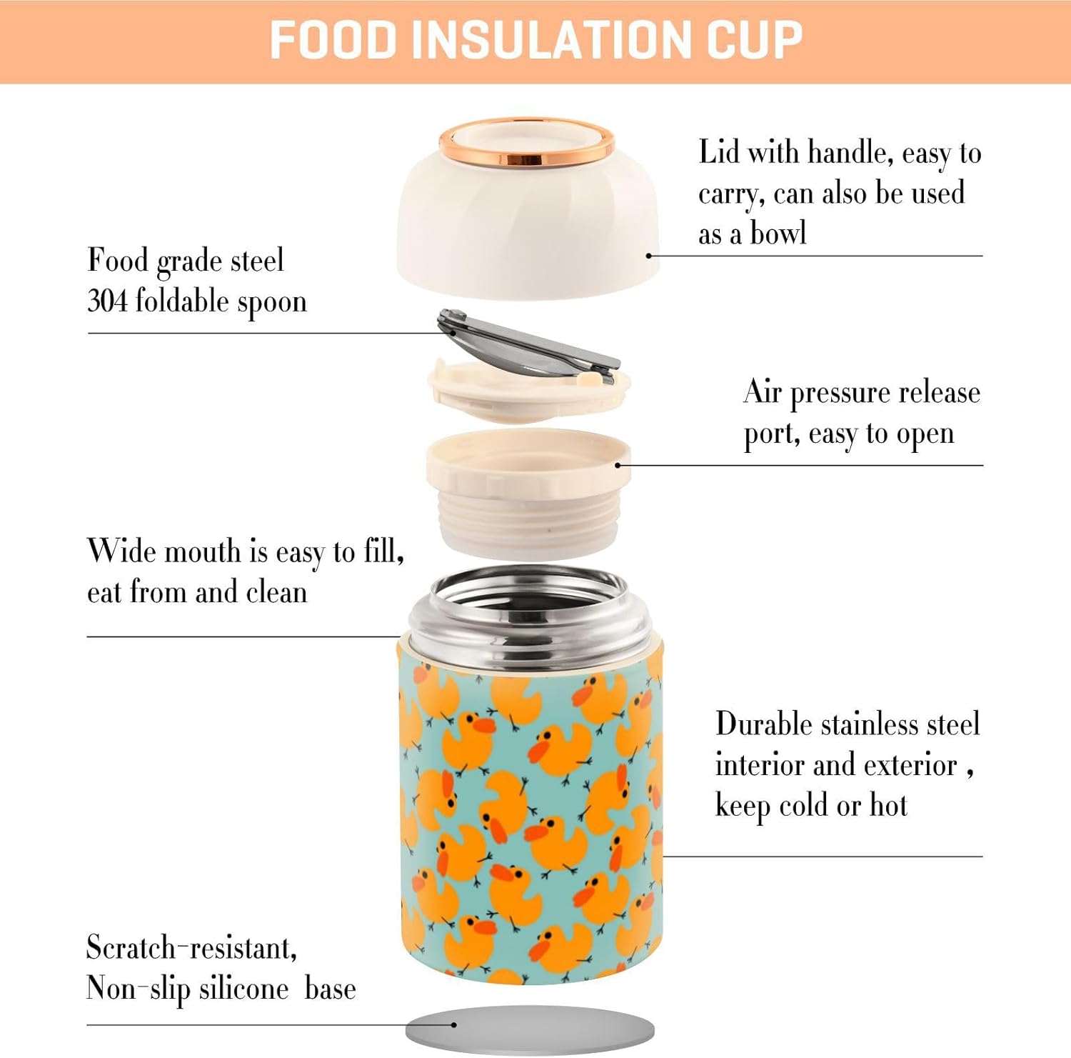 Yellow Duck Kids Womens Insulated Food Jar with Spoon 17oz500ml Containers For Hot Food Stainless Steel Vacuum Vacuum Insulated Food Containers for