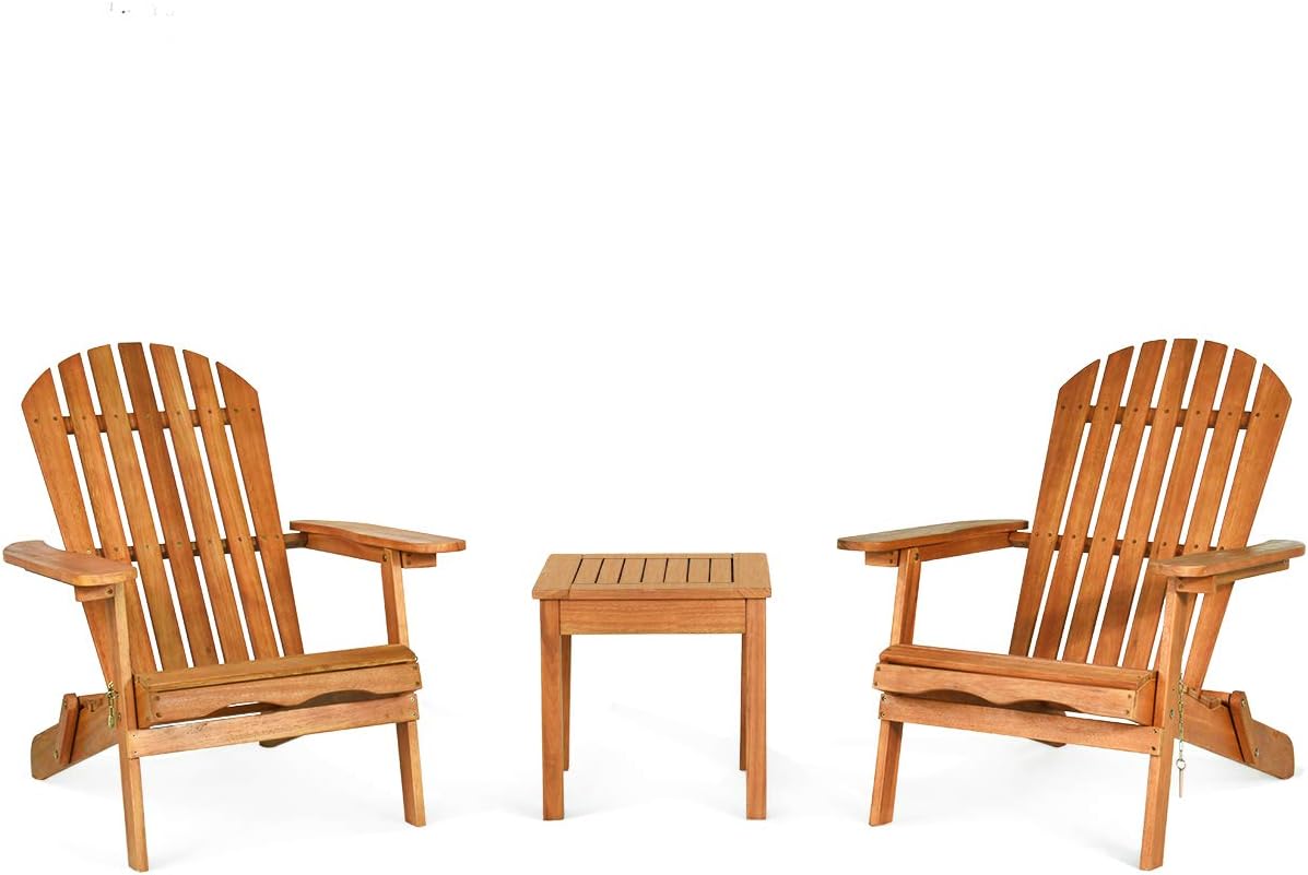 Giantex Adirondack – Juego de sillas plegables de madera de 3 piezas con reposabrazos ampliados, marco de eucalipto y mesa auxiliar para exteriores
