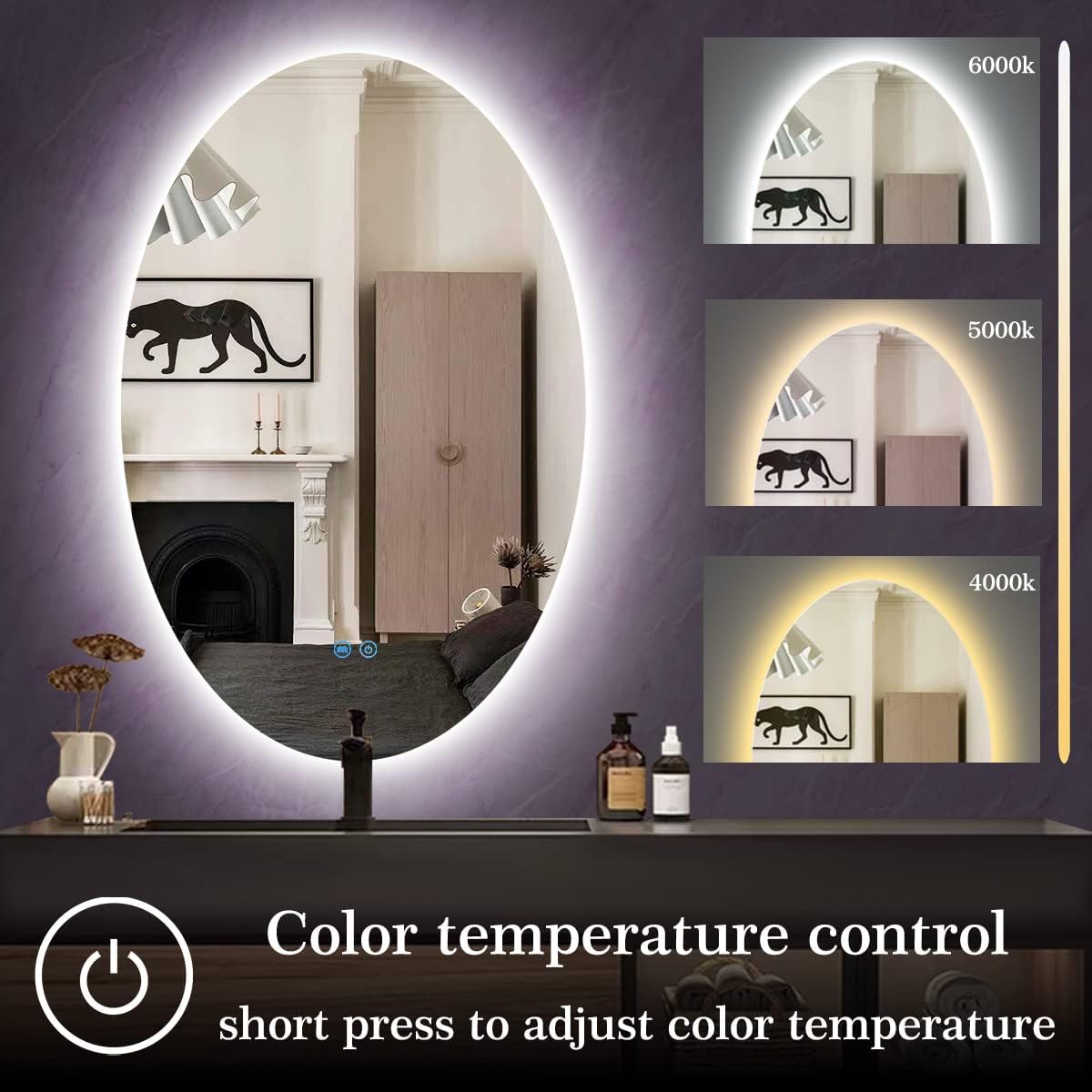TiliKuly Espejo de tocador ovalado iluminado de 25 x 38 pulgadas con luces sin marco, espejo retroiluminado ovalado para pared de baño, espejo LED