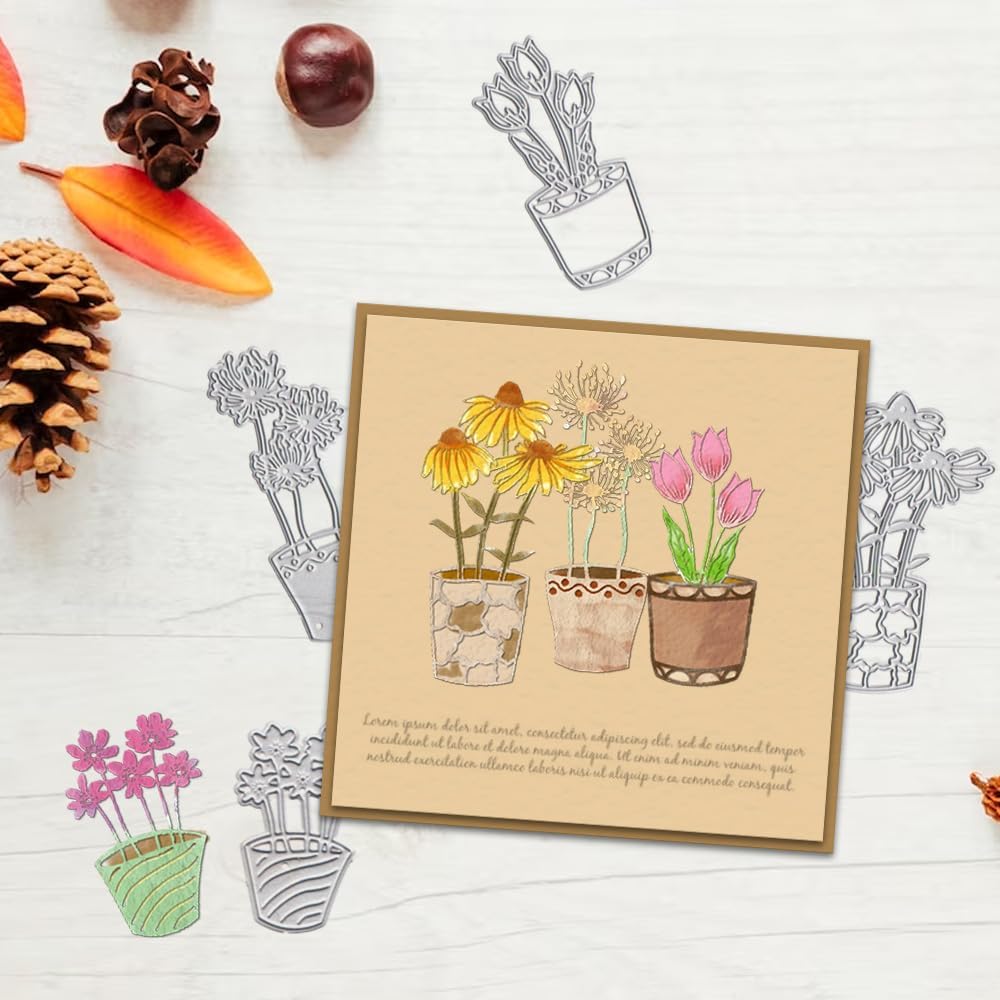 6 piezas de macetas troqueladas para hacer tarjetas, troqueles de corte de flores de maceta, moldes de plantilla de metal, hojas de flores para