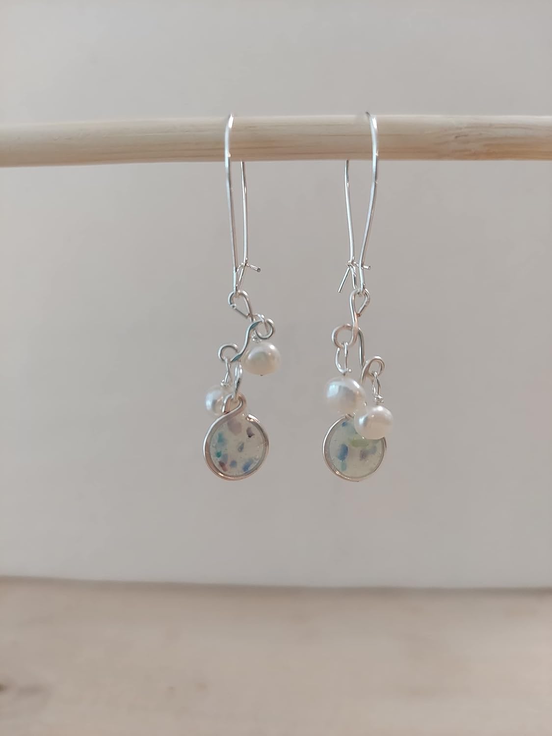 Handmade Lightweight Periwinkle Resin and White Pearl Cluster Silvertone Drop Earrings Beads by Bettina