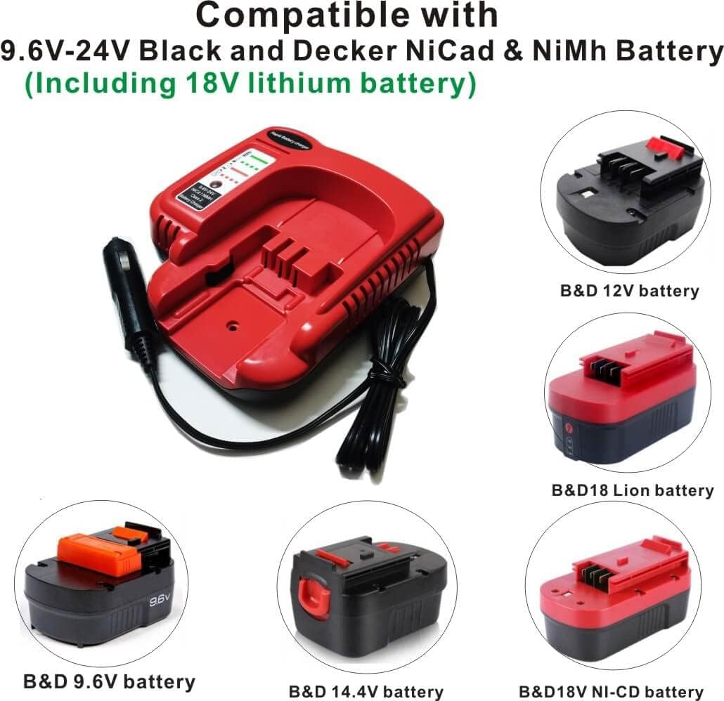EAGLEWING Cargador de batería de coche, cargador de vehículo para Black and Decker 9.6V 12V 14.4V 18V 24V batería NiCD y NiMh Firestorm paquetes de