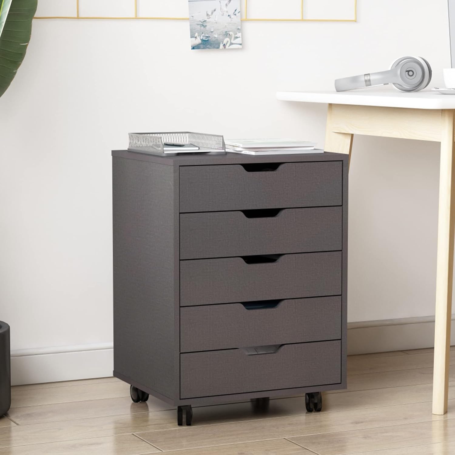 Zanzio Archivador móvil para oficina en casa con 5 cajones delgados, pequeño gabinete vertical comercial con ruedas, archivador rodante para