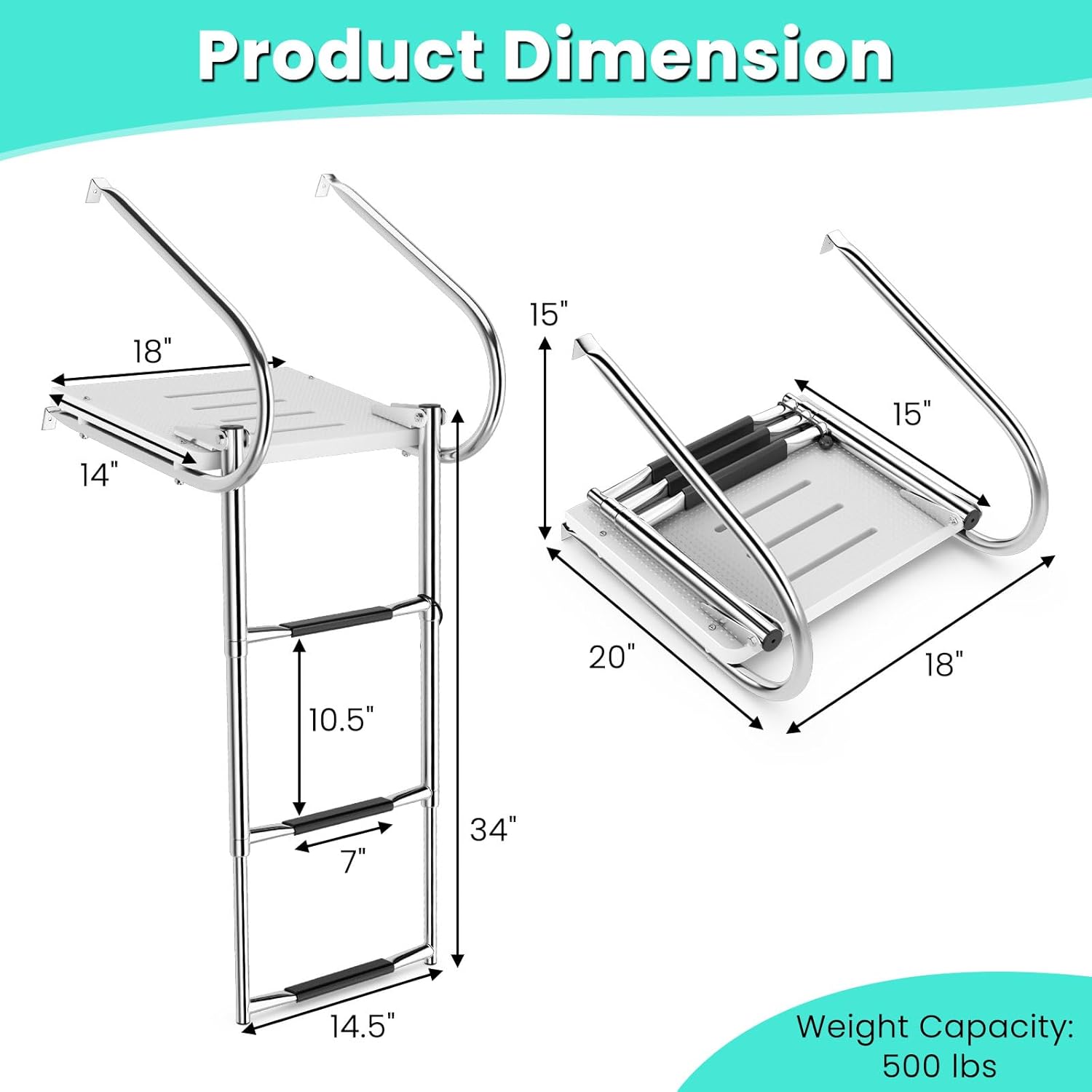 Goplus Escalera de barco con plataforma de natación de 3 escalones, escalera plegable telescópica con pasamanos, 3 pasos antideslizantes, escalera