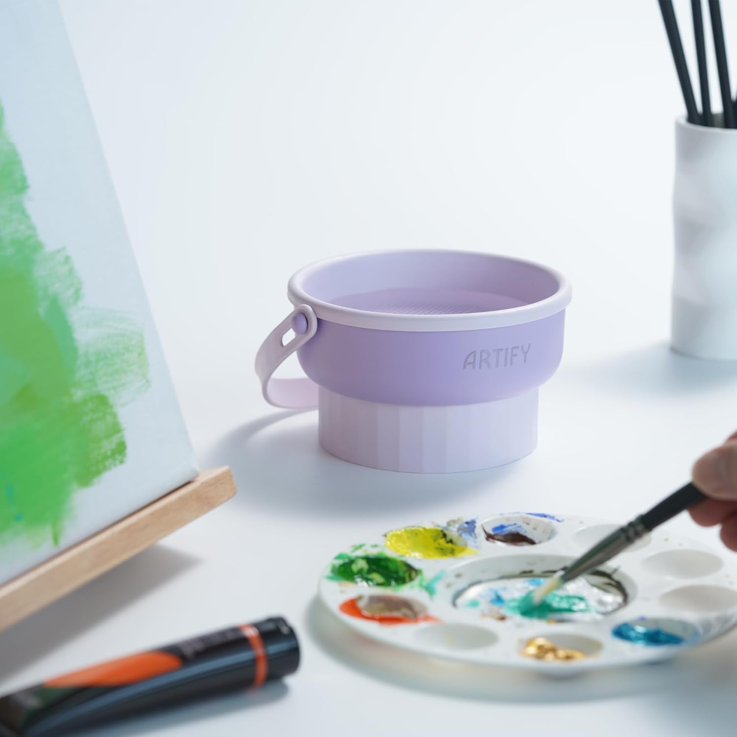 ARTIFY – Juego de limpiador de pinceles de pintura, soporte todo en uno, limpiador y almacenamiento de pinceles, incluye jabón para el cuidado de