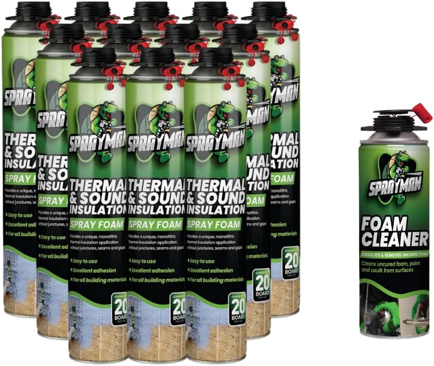 Sprayman Aislamiento de espuma en aerosol, spray de espuma de celda cerrada  12 latas, 240 pies de tablero