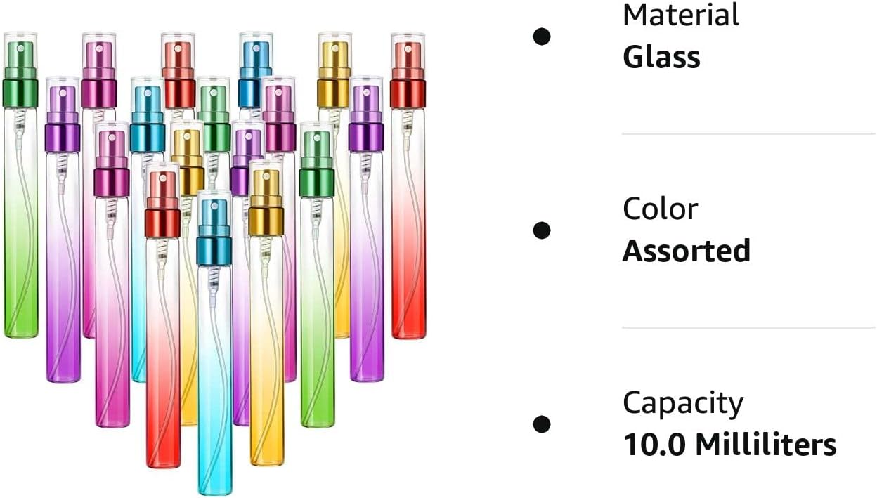 18 mini botellas de perfume de 0.3 fl oz de vidrio colorido rociador de niebla fina botellas de aerosol vacías envase recargable atomizador de
