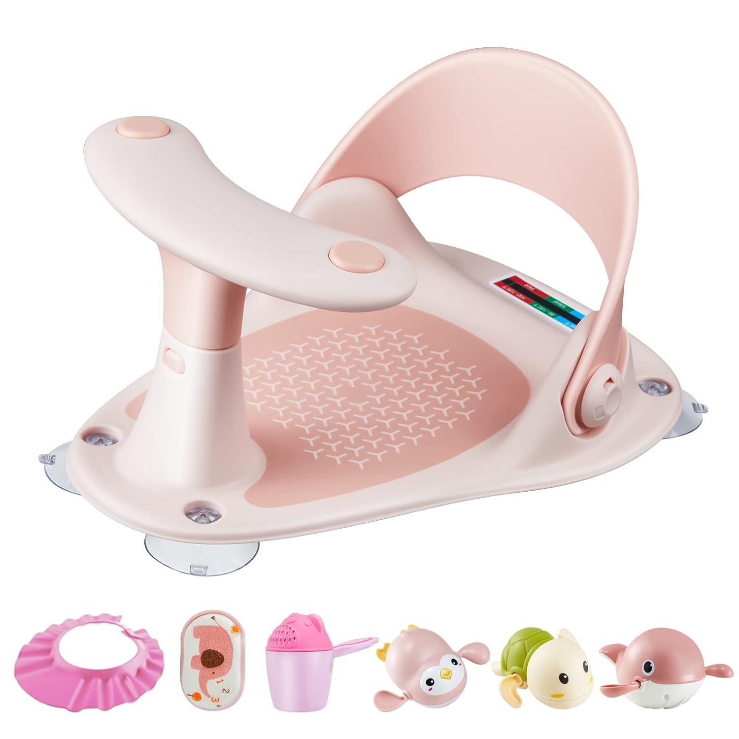 Asiento de baño para bebé Original  3 juguetes de baño + gorro de ducha + cepillo de baño + termómetro + taza de enjuague  4 ventosas
