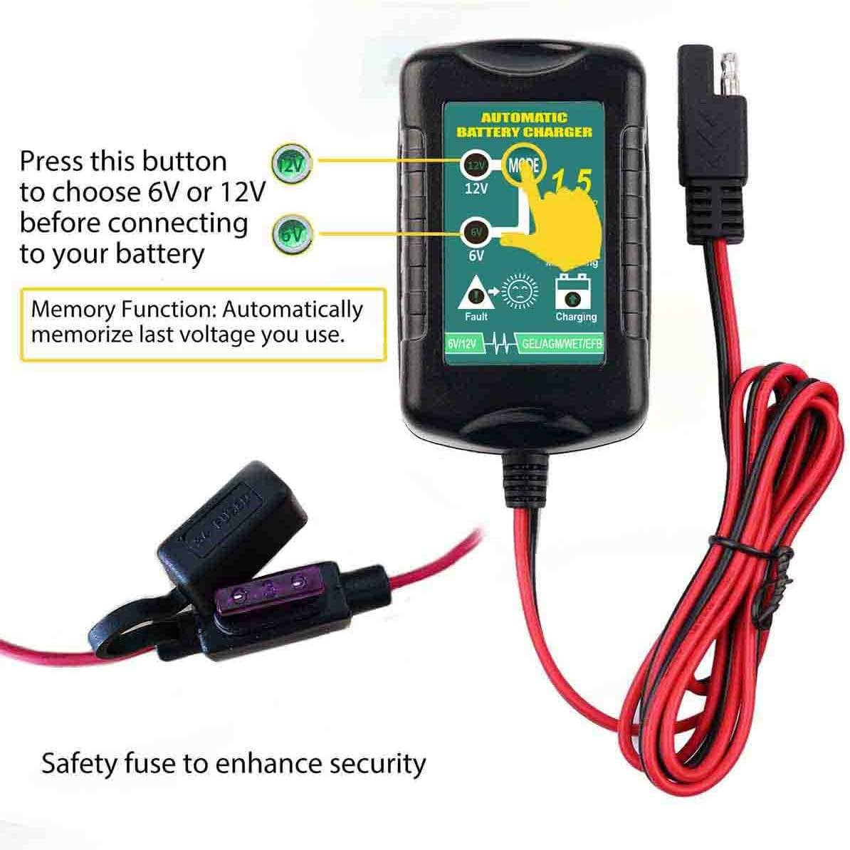 Cargador de batería de coche inteligente de 1.5 A, cargador automotriz portátil de 6 V y 12 V, mantenedor de batería, cargador de goteo flotante y