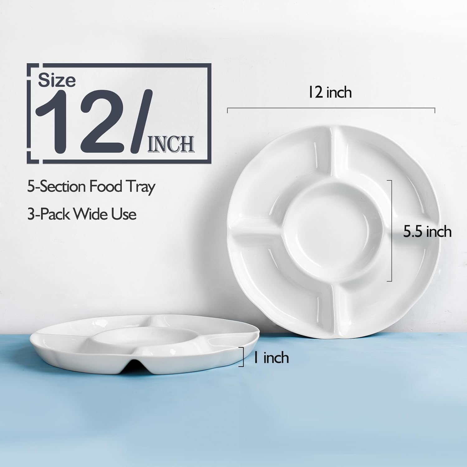 DELLING Bandeja de porcelana dividida para servir, bandeja de 12 pulgadas para servir chips y inmersión, bandeja de compartimento de 5 secciones,