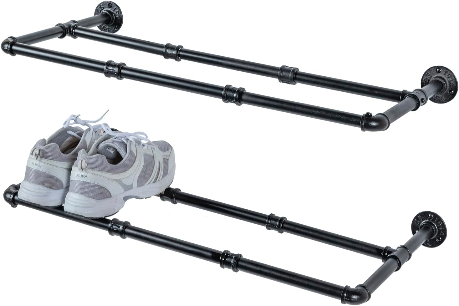 MyGift Juego de 2 estantes industriales de metal negro mate para colgar zapatos y botas, montaje en pared, ahorro de espacio para almacenamiento de