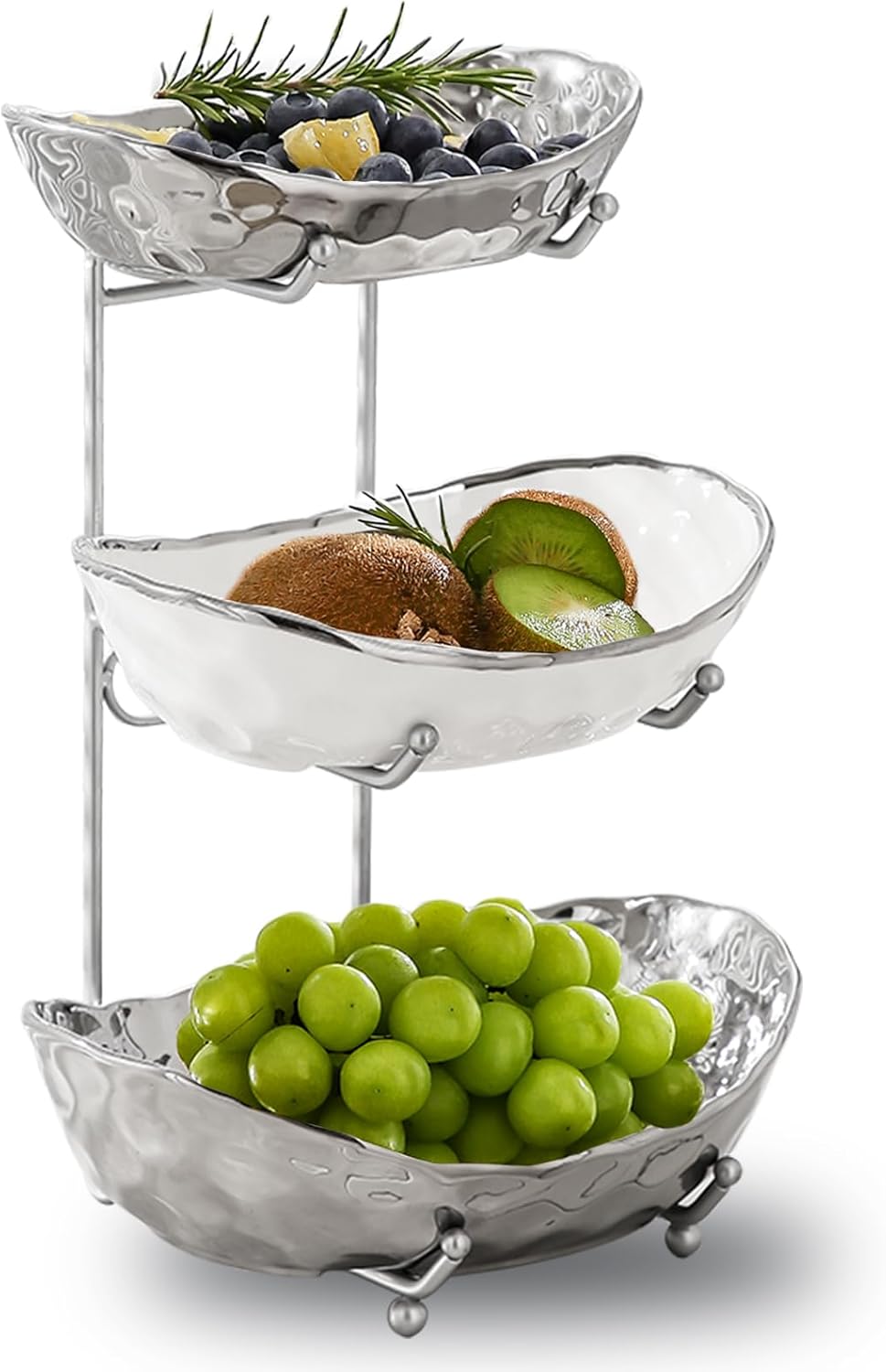 Frutero para encimera de cocina, cuencos de cerámica de 3 niveles con soporte de metal, cesta de frutas escalonada para almacenamiento de frutas y