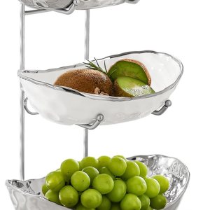 Frutero para encimera de cocina, cuencos de cerámica de 3 niveles con soporte de metal, cesta de frutas escalonada para almacenamiento de frutas y Frutero para encimera de cocina, cuencos de cerámica de 3 niveles con soporte de metal, cesta de frutas escalonada para almacenamiento de frutas y