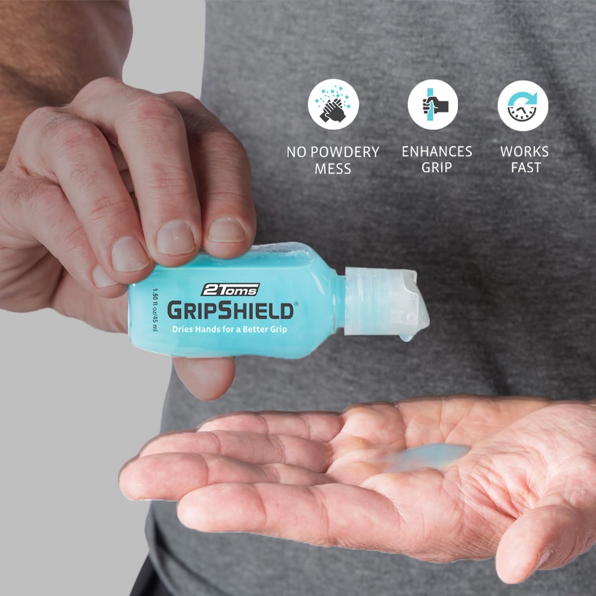 2Toms GripShield, tiza líquida, potenciador de agarre para manos sudorosas, mantiene las manos secas, 1.5 onzas, 3 botellas