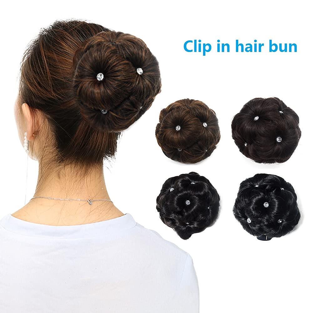 Moño de pelo con clip para mujer, postizo con diamantes de imitación, marrón claro mezclado
