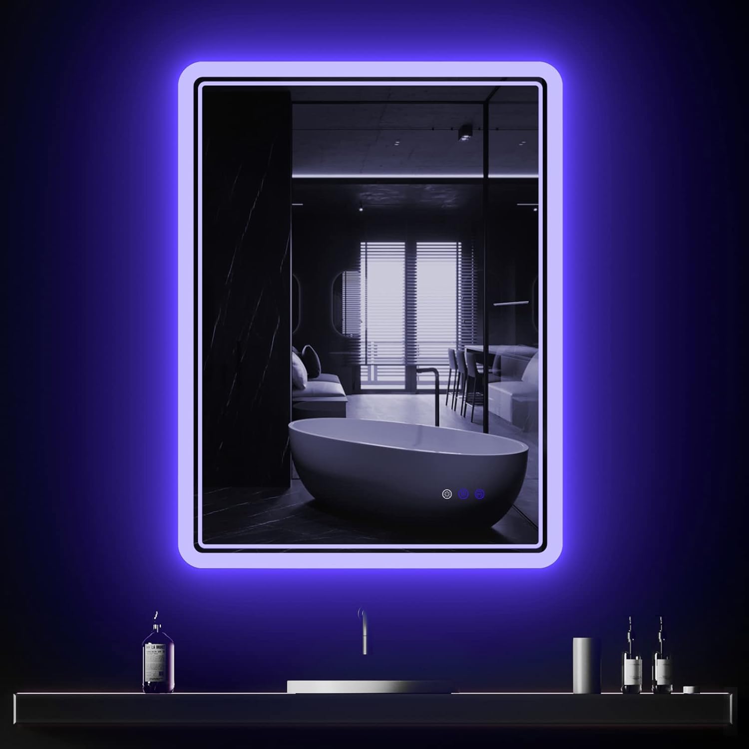 CFYLO Espejo retroiluminado LED de 24 x 32 pulgadas, espejo de baño con luces, espejo LED para baño, atmósfera azul retroiluminada LED, espejo de