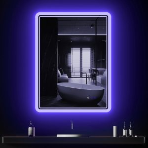 CFYLO Espejo retroiluminado LED de 24 x 32 pulgadas, espejo de baño con luces, espejo LED para baño, atmósfera azul retroiluminada LED, espejo de CFYLO Espejo retroiluminado LED de 24 x 32 pulgadas, espejo de baño con luces, espejo LED para baño, atmósfera azul retroiluminada LED, espejo de