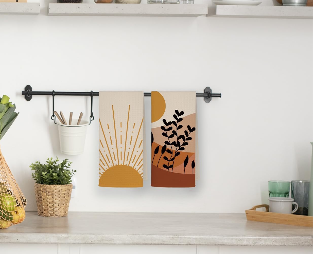 Abstract Sun Sunshine Mountain Botanical Plant – Toallas de cocina suaves de 16 x 24 pulgadas, juego de 2 paños de secado modernos de mediados de