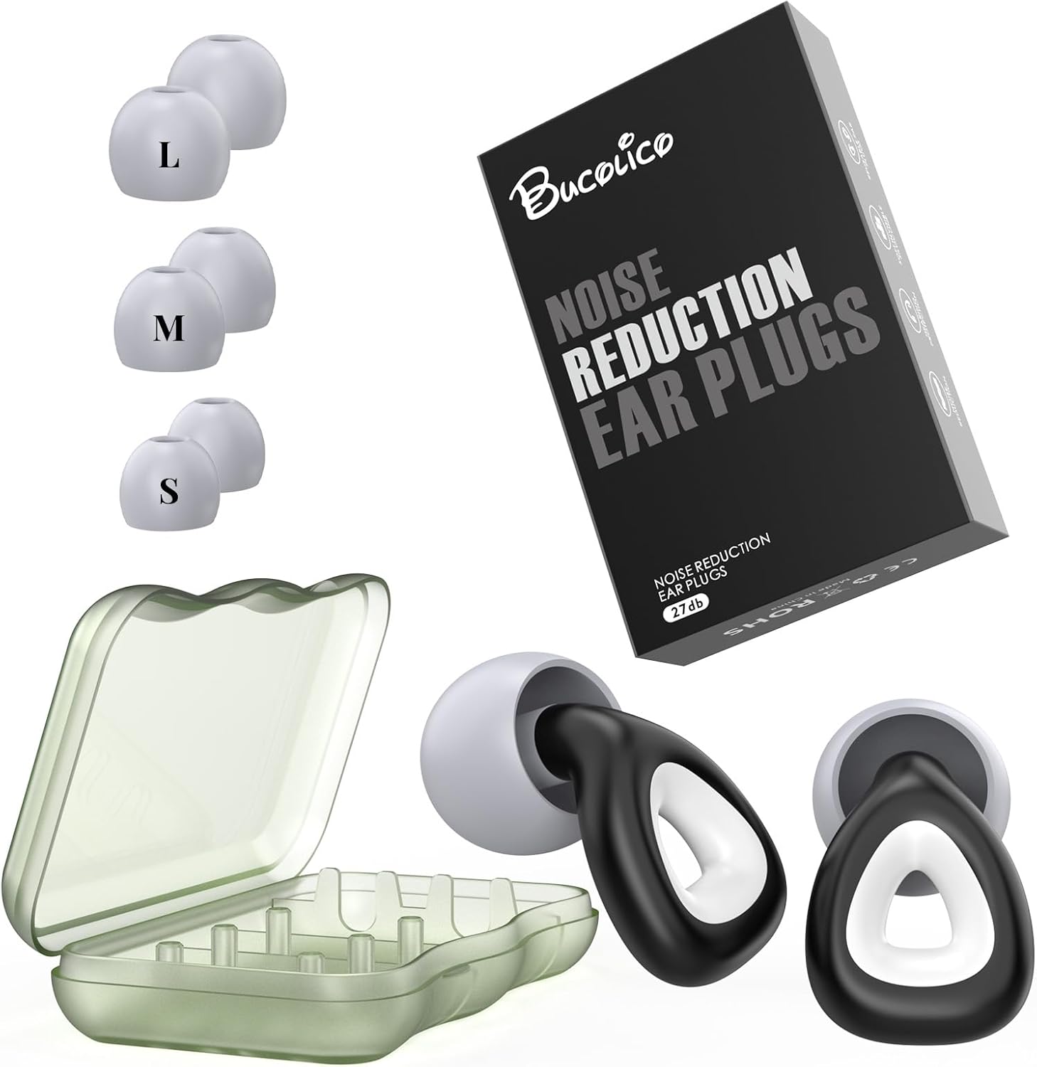 bucolico NRR – Tapones para los oídos de silicona reutilizables con cancelación de ruido para dormir, 27 dB, con estuche de almacenamiento compacto