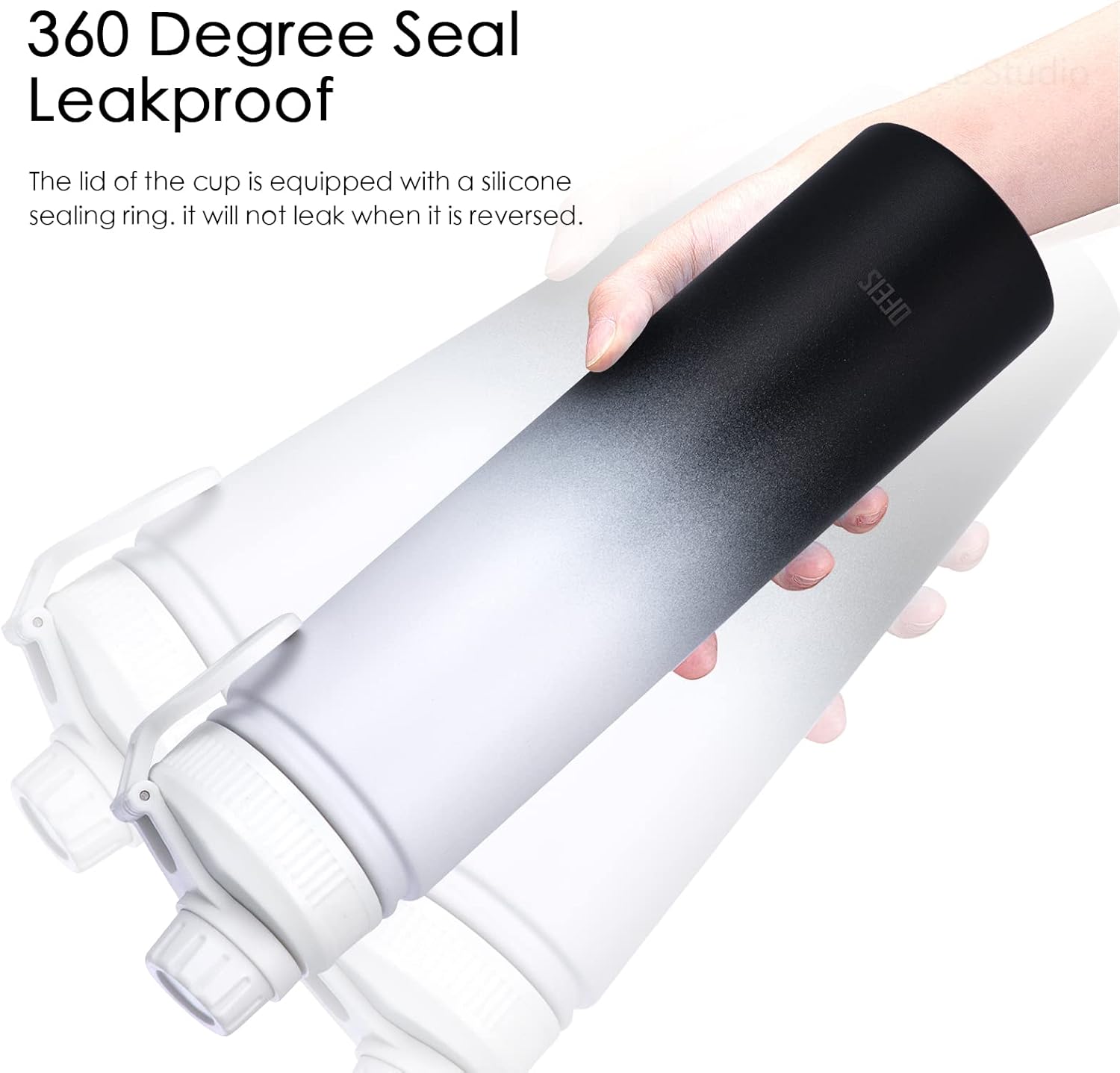 Botella de agua aislada con 3 tapas, frasco de doble pared de acero inoxidable con mango de paracaídas, funda protectora de silicona, 2 popotes, a