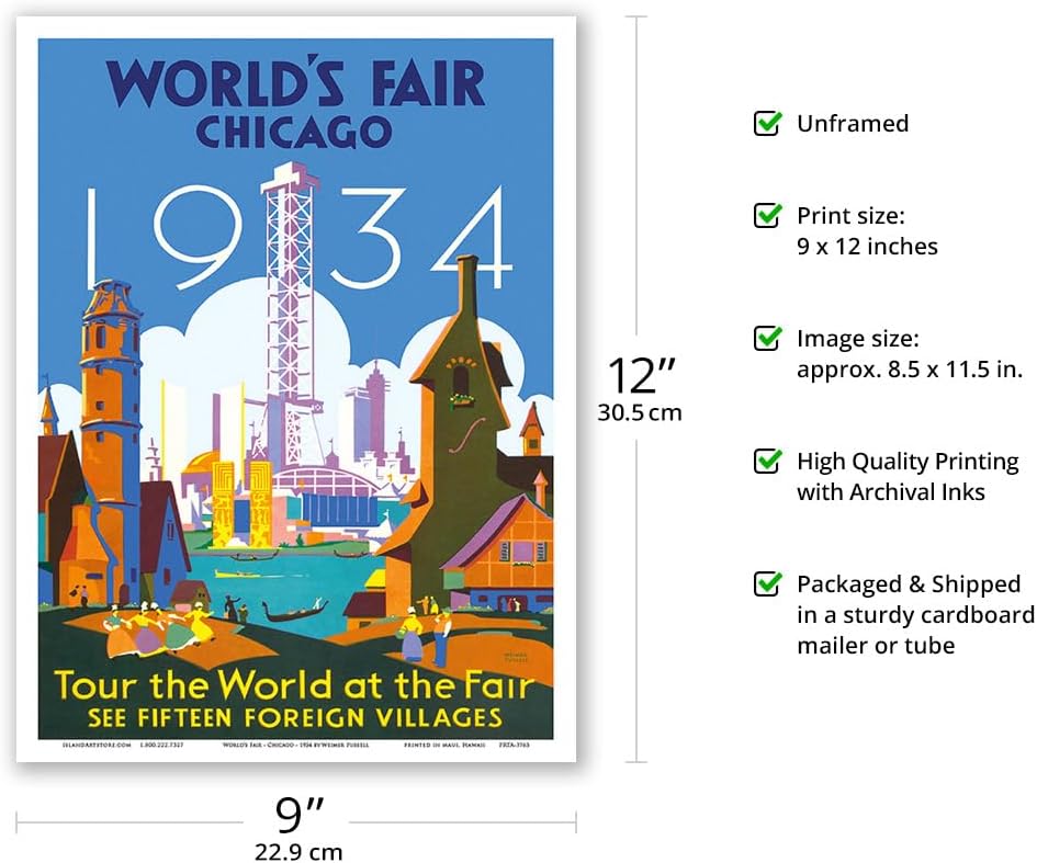Feria Mundial de Chicago 1934  Tour el mundo en la feria  Póster de viaje vintage por Weimer Pursell c.1934  Impresión artística maestra de 9 x 12