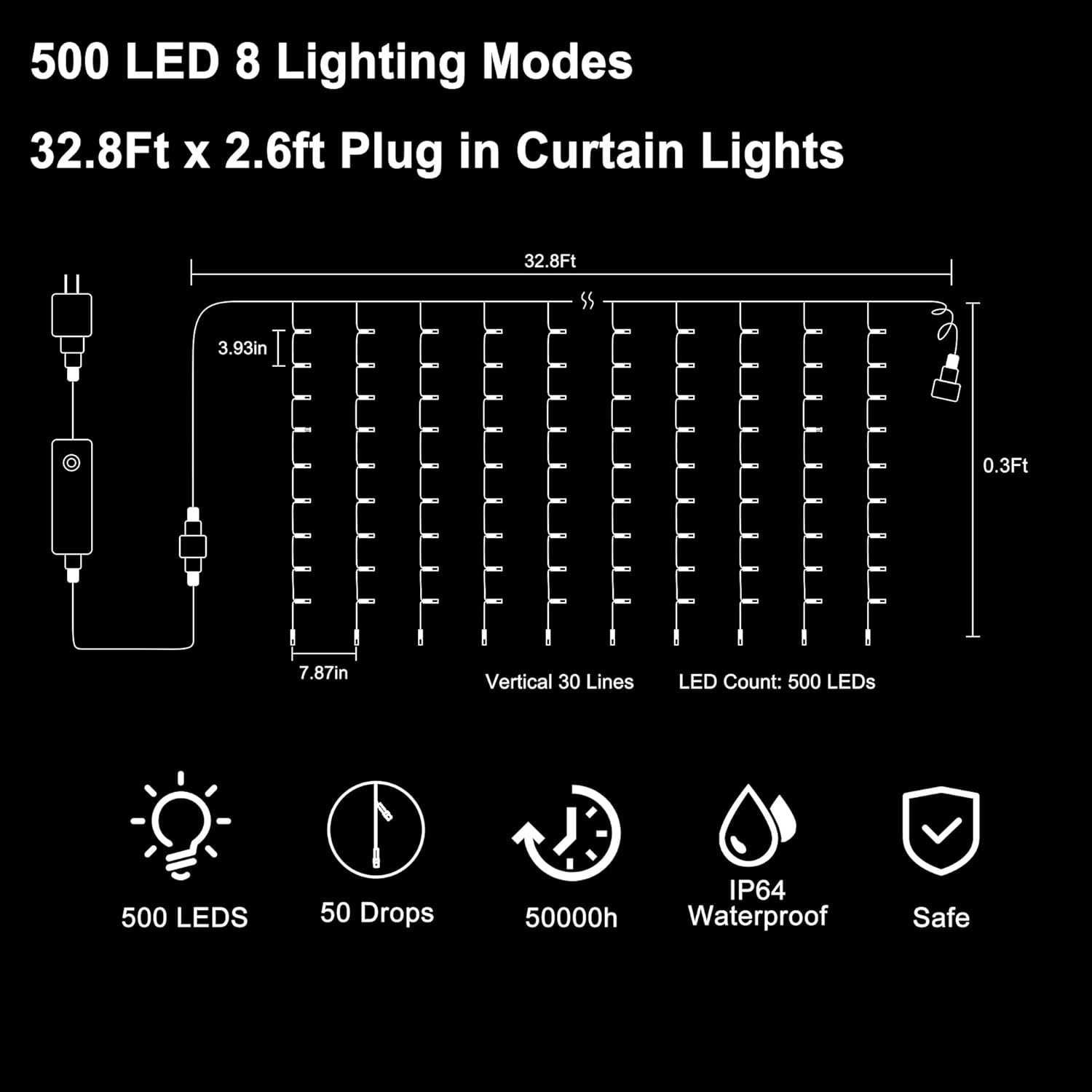 500 luces LED para cortina, 33 x 3 pies, impermeable, para colgar en la ventana, con temporizador remoto, para exteriores, dormitorio, fiesta,