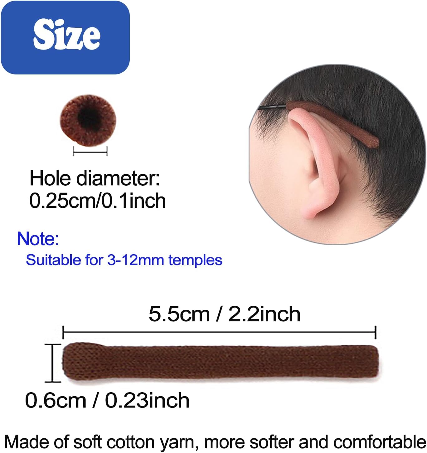 Lentes de algodón de punto suave mejorado, agarre para las orejas, puntas de las patillas, retenedor de manga, elástico antideslizante y cómodo para