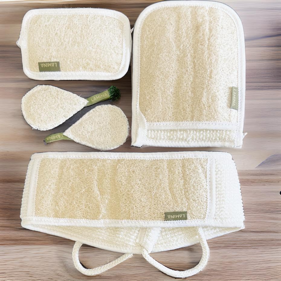 4 piezas  Lamina Natural-Orgánica, esponja de lufa, exfoliante corporal, esponja de ducha Beth Loofah (espalda larga, guante de doble cara, mini