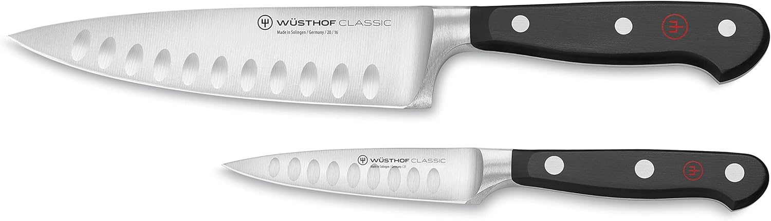 Wüsthof Classic Hollow Edge – Juego de cuchillos de chef de 2 piezas, negro, 6 nd 3.5 pulgadas y tijeras de cocina Come Apart