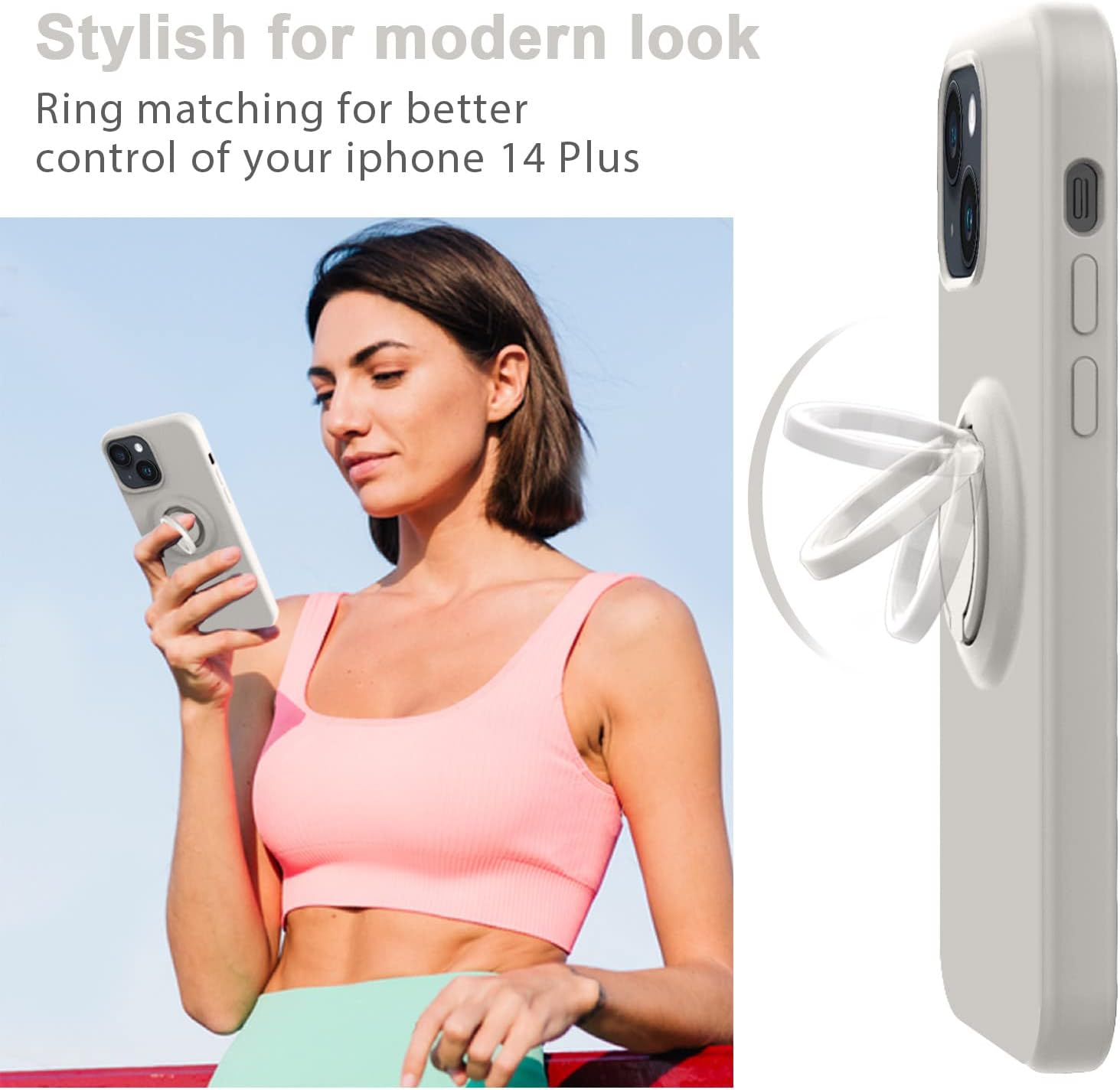 MOCCA Funda compatible con iPhone 14 Plus con soporte de anillo, silicona líquida, forro de microfibra, funda protectora antiarañazos de cuerpo