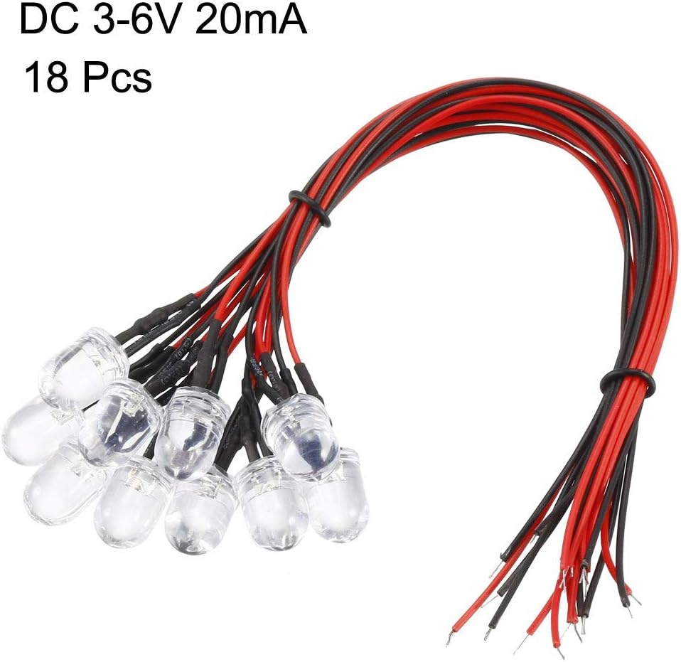 uxcell 18pcs 0.394 in pre cableado LED, rojo DC3-6V lente transparente, diodos emisores de luz
