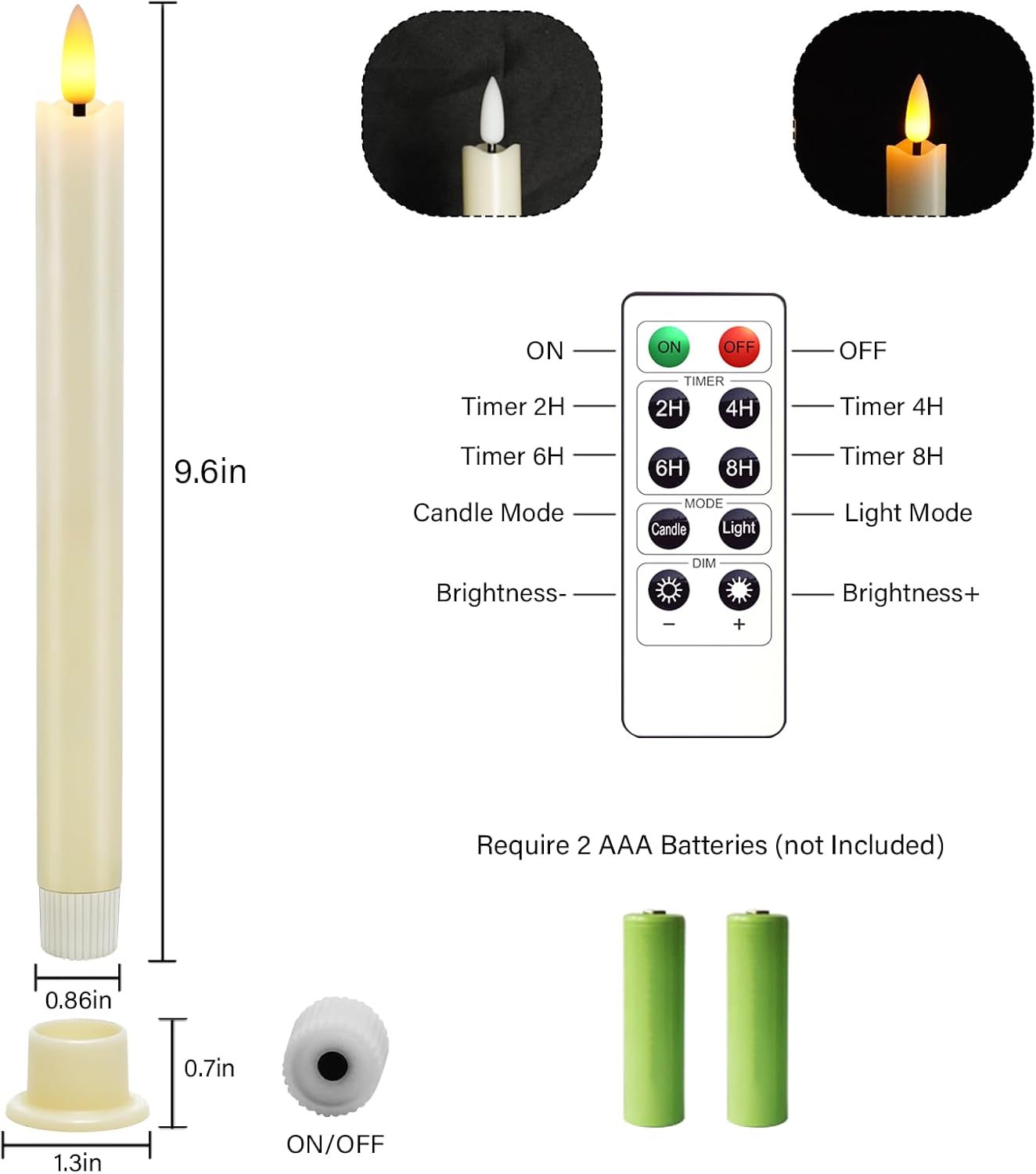Velas cónicas sin llama de cera real marfil con temporizador remoto, 6 velas LED cónicas que funcionan con pilas, velas LED de 9.6 pulgadas con 6