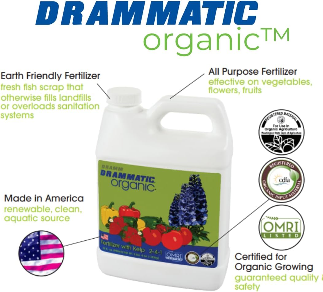 Dramm Drammatic Organic Fertilizante con Kelp 2-4-1, fertilizante líquido hidrolizado para pescado, para verduras, flores y frutas, 1 galón, con