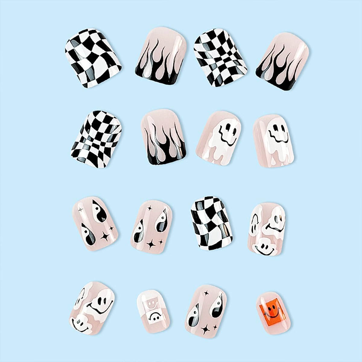 Uñas postizas cuadradas cortas a presión para Halloween, uñas acrílicas brillantes de color rosa con llama fantasma, diseños de tablero de Otelo,