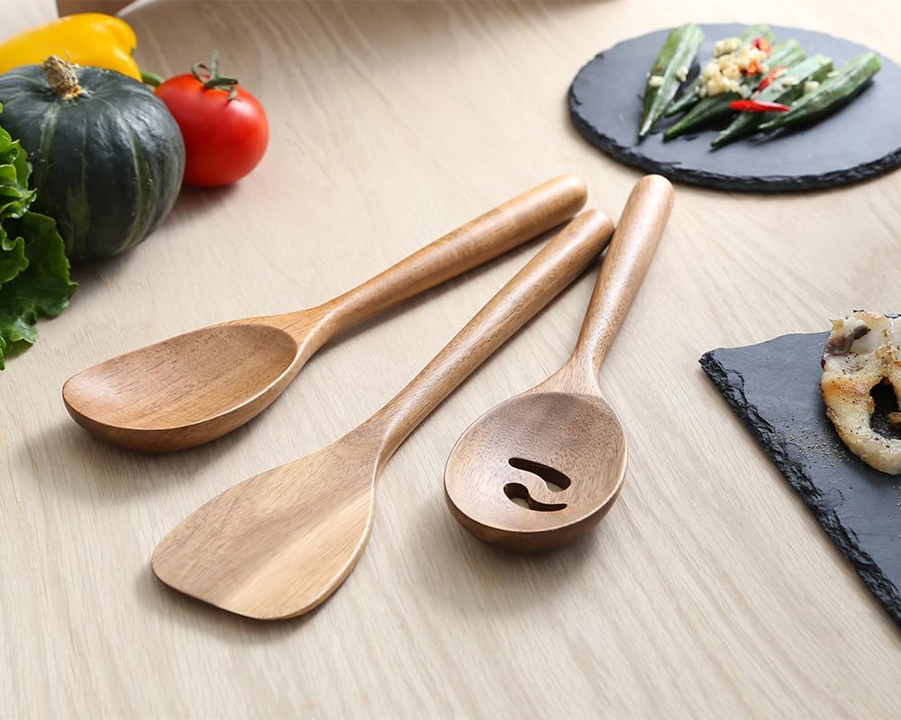 Utensilios de cuchara de madera, 3 cucharas de esquina de madera, espátula y cucharas ranuradas para cocinar, cuchara, freír, raspar, mezclar,