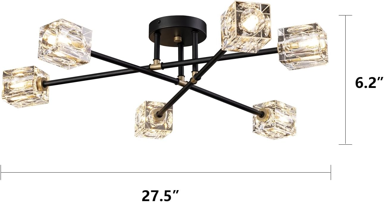 Lámpara de techo semiempotrada de 6 luces, moderna lámpara Sputnik del siglo negro y dorado, accesorios de iluminación de montaje en techo de