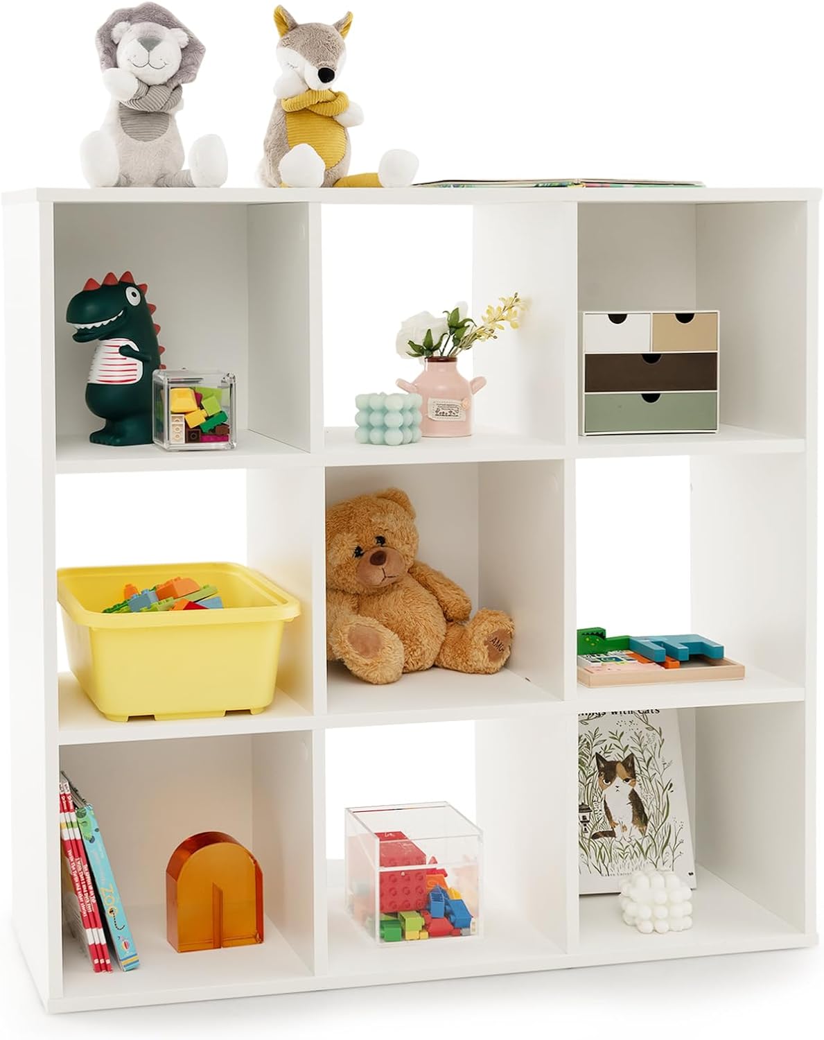 Costzon 9-Cube Toy Storage and Organizer, 4-Tier Wooden Kids Bookshelf, Toy and Book Storage Display Organization, Toddler Shelf for Playroom,