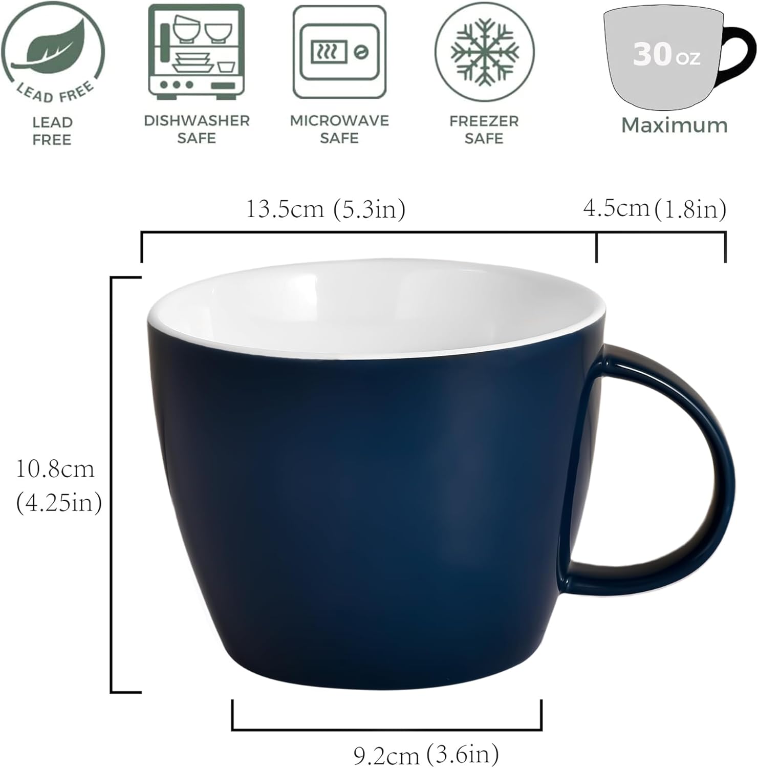 Porcelain Mug 30 OZ, Oversized Soup Cup or Jumbo Mug for Coffee, Oatmeal, Gumbo, Salad, Microwave and Oven Safe, Cool Blue