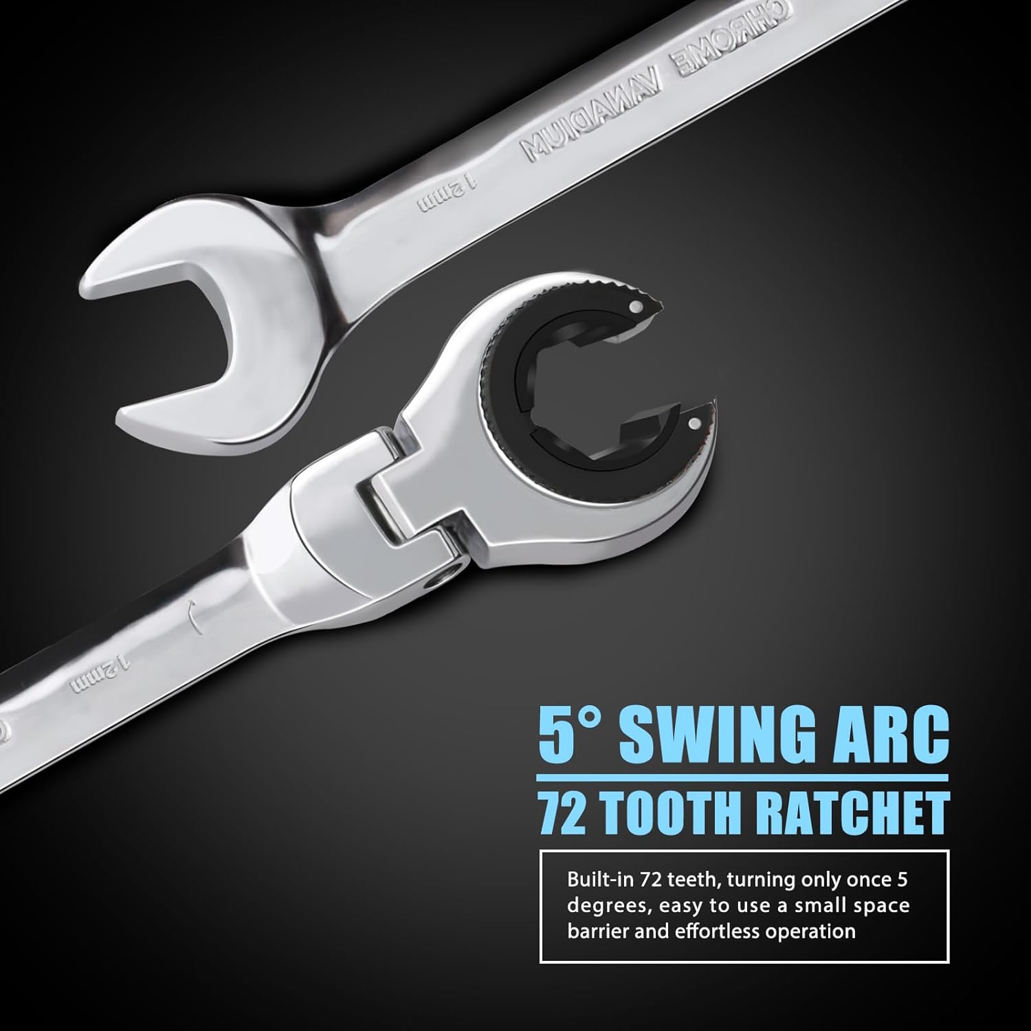 1 llave de trinquete de cabeza flexible abierta de 0.472 in, llave de trinquete métrica con 79 dientes, llave de trinquete de tubo de acero al cromo