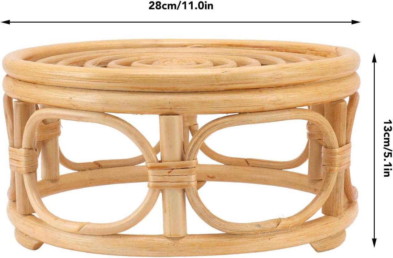 Pequeño soporte redondo bohemio para plantas de ratán para interiores, soporte rústico para plantas de granja, para el hogar, cocina, mesa,
