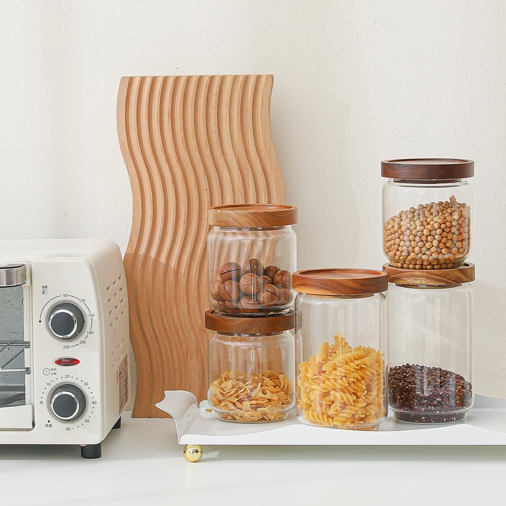 Homtop Tarros de vidrio con tapas de madera, paquete de 6 con 112 etiquetas, recipiente de almacenamiento de alimentos de 15 onzas para café,