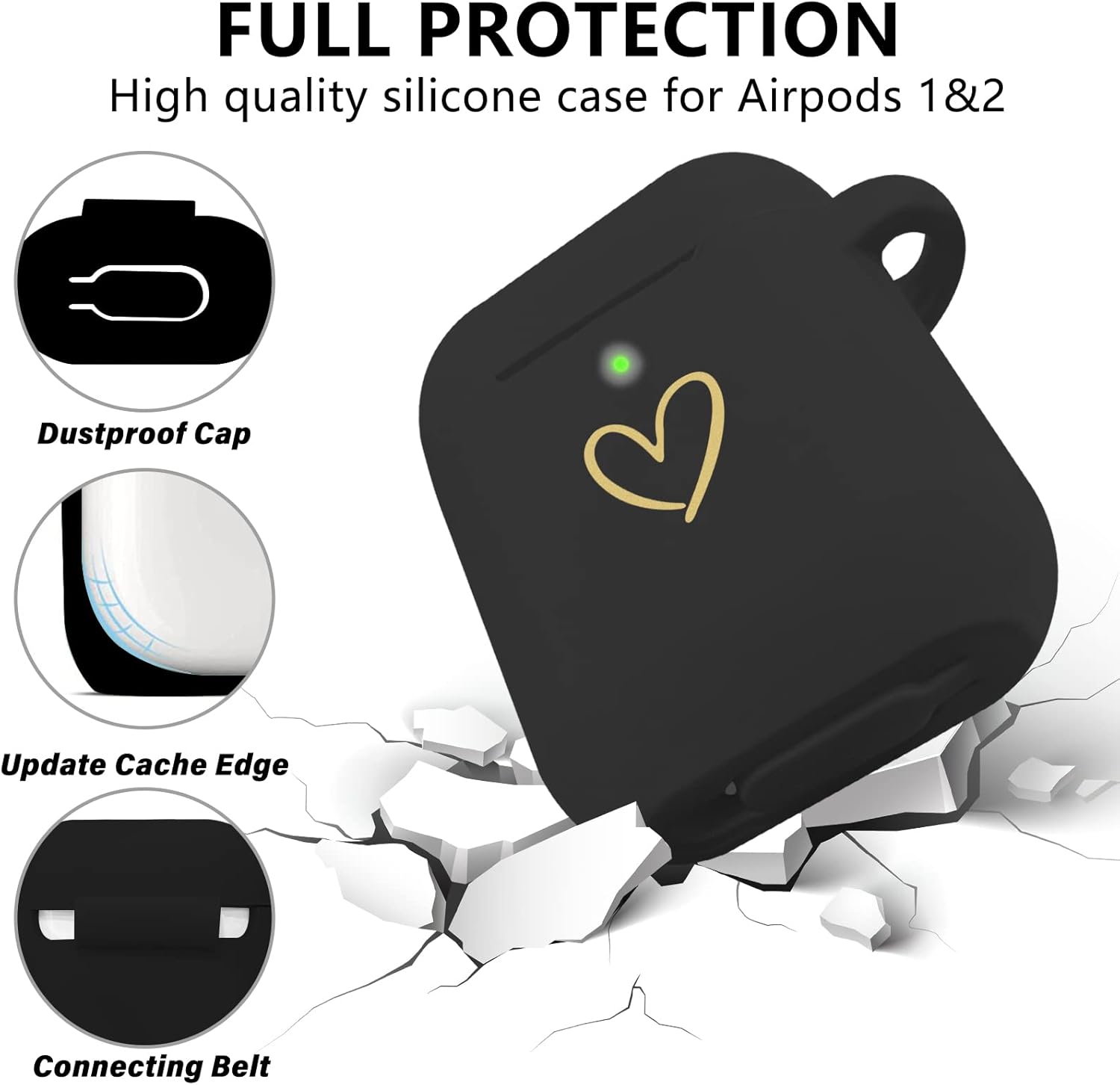 Funda compatible con AirPods, funda de silicona suave con patrón de corazón dorado para AirPods de 2 y 1 generación, con llavero de letra A-Z con